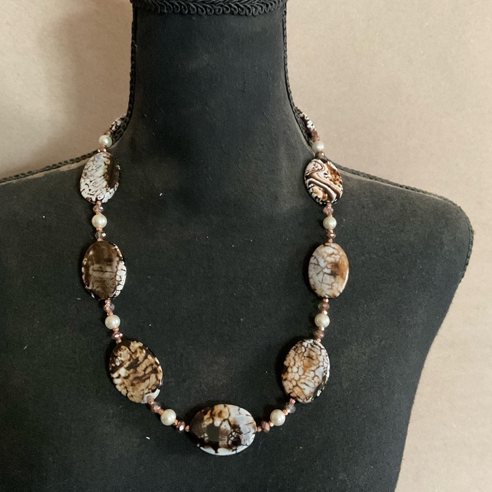 Jasper necklace. Handmade. Black, brown, white, gold. 25.5 inches long.